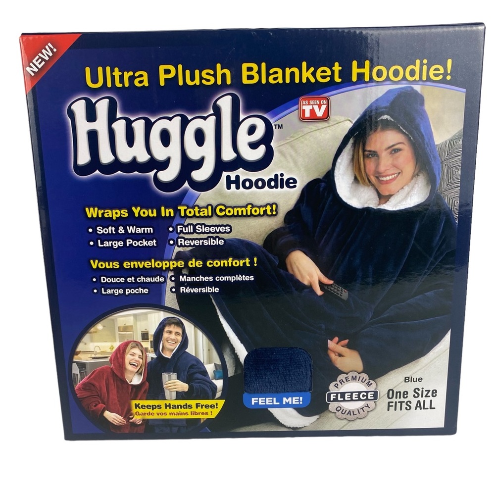 Huggle Hoodie Ultra Plush BLanket Hoodie Adult One Size Fits All Blue NEW
